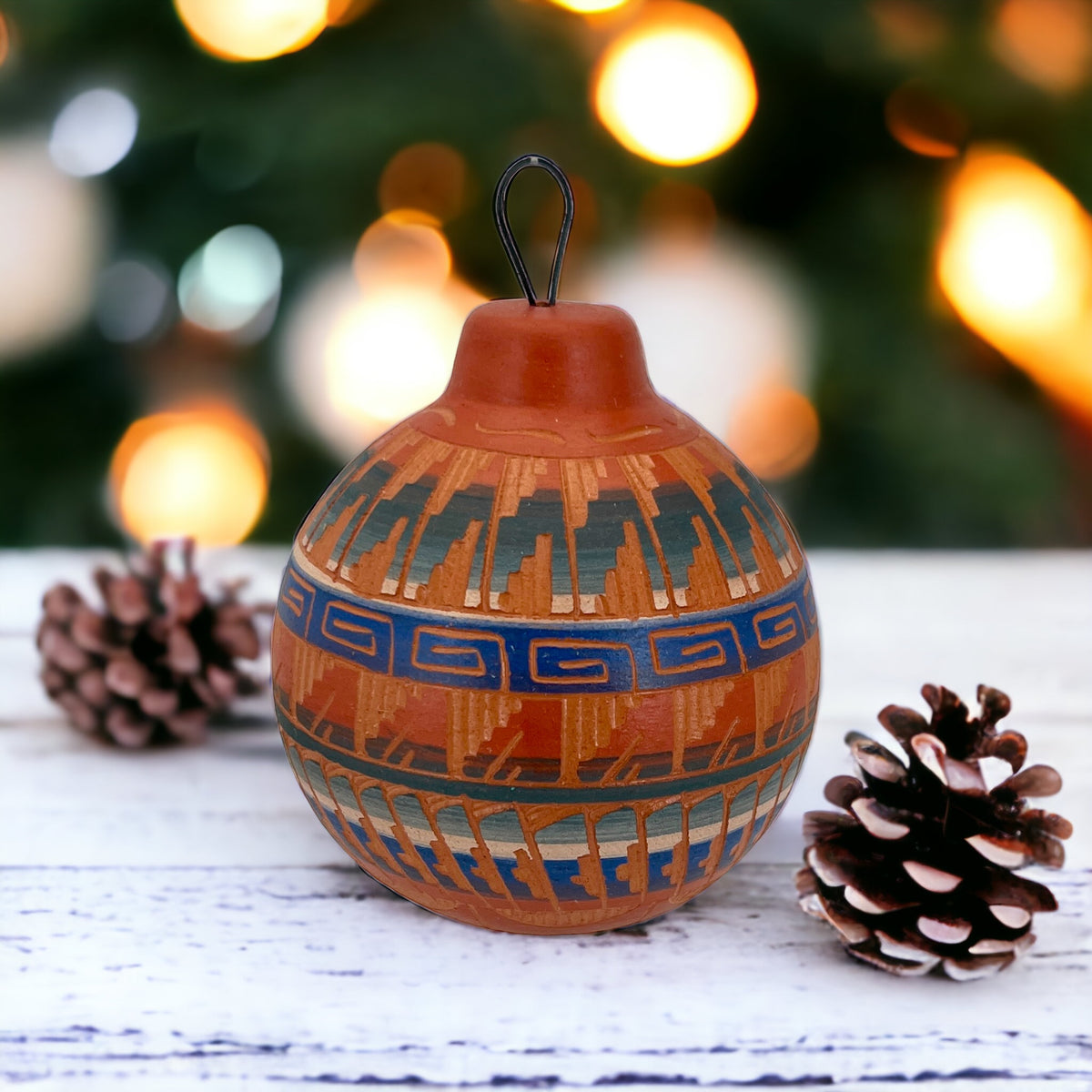 Authentic Native American Ceramic Christmas Ornament, Genuine Navajo Tribe USA Hand Painted, Southwestern Home Decor Collectible, Handmade Hanging Christmas Tree Decoration, Holiday Gift