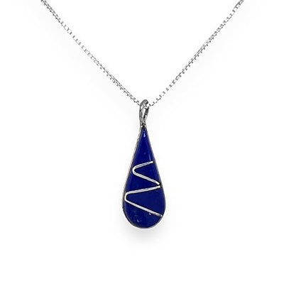 Genuine Lapis Lazuli Necklace, Sterling Silver, Pendant with Chain, Navajo Native American Handmade, Small Teardrop, Navy Blue Jewelry