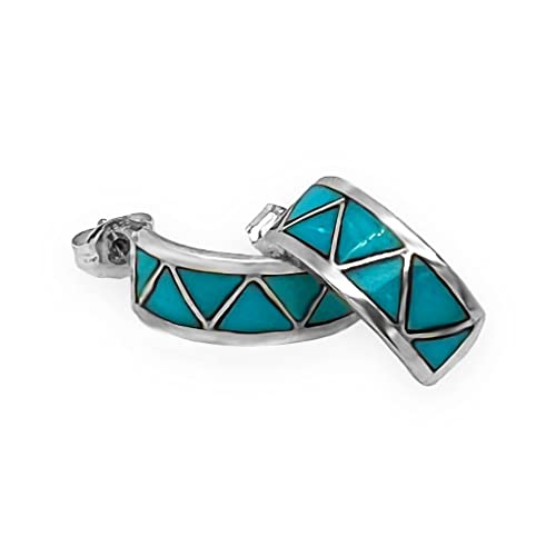 Genuine Sleeping Beauty Turquoise Half Hoop Earrings, Sterling Silver, Authentic Native American USA Handmade in New Mexico, Jewelry for Women, 925 Small Blue Hoops, Dangle Earring, Nickel Free