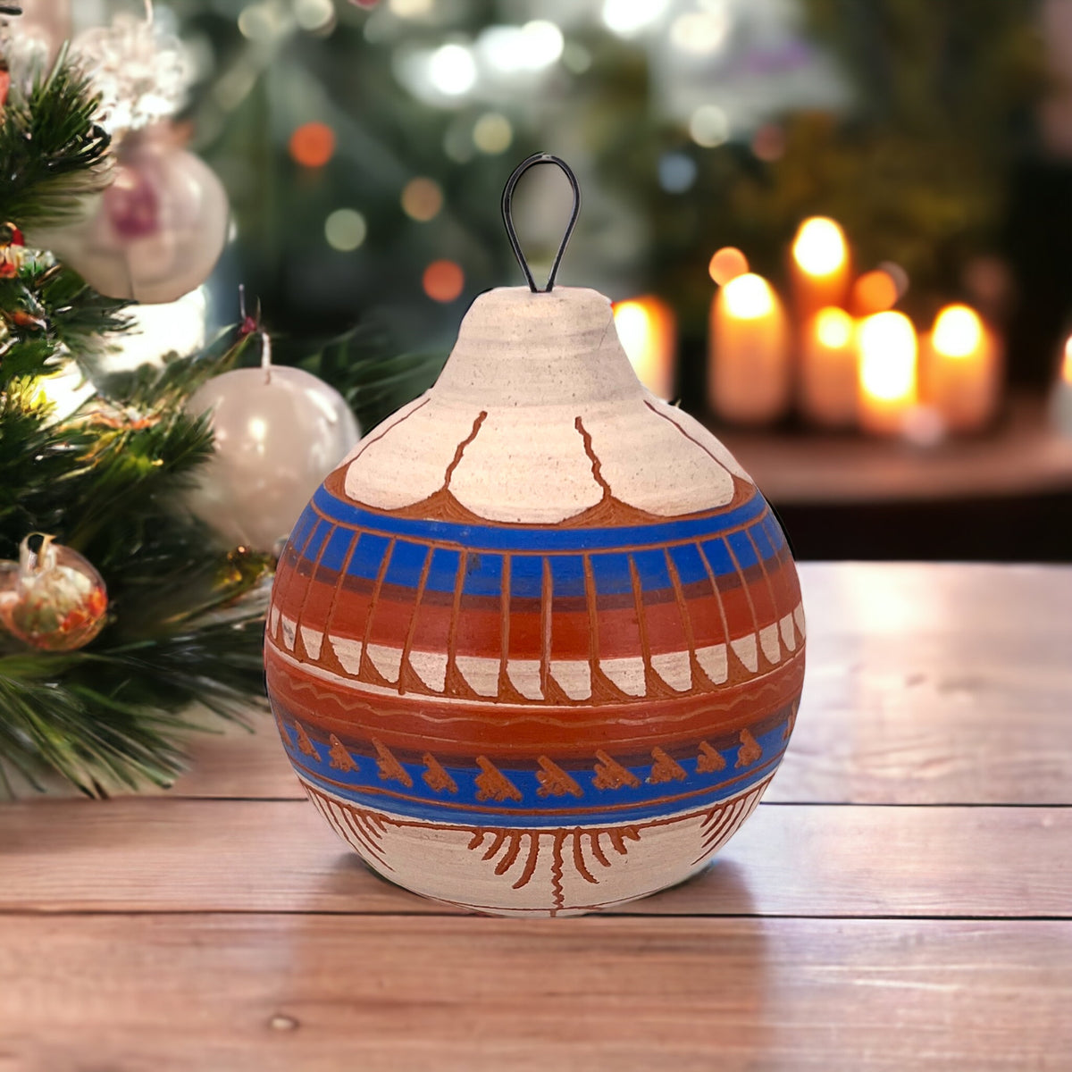 Authentic Native American Ceramic Christmas Ornament, Genuine Navajo Tribe USA Hand Painted, Southwestern Home Decor Collectible, Handmade Hanging Christmas Tree Decoration, Holiday Gift