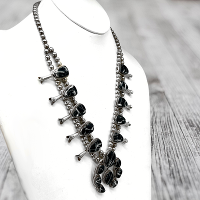 Genuine White Lightning Stone Squash Blossom Necklace Set, Sterling Silver, Navajo Native American Tribe Handmade, Southwestern Statement Piece