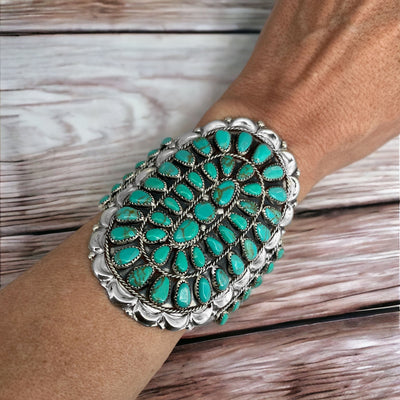 Genuine Sleeping Beauty Turquoise Cuff Bracelet, Sterling Silver, Petit Point, Authentic Navajo Native American USA Handmade, Artist Signed, Size Women's Medium