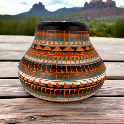 Authentic Native American Pottery, Small Traditional Vase Style Pot, Genuine Navajo Tribe USA Hand Painted, Artist Signed, Southwestern Home Decor Collectible, Rustic Handmade Decoration
