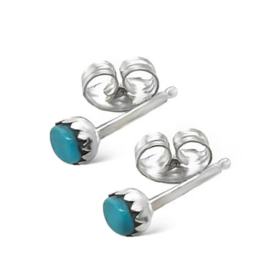 2mm Genuine Sleeping Beauty Turquoise Earrings, Extra Small, 925 Sterling Silver, Authentic Native American Handmade in New Mexico, USA, Post Stud, Minimalist Round Blue Jewelry for Women and Girls, Nickel Free