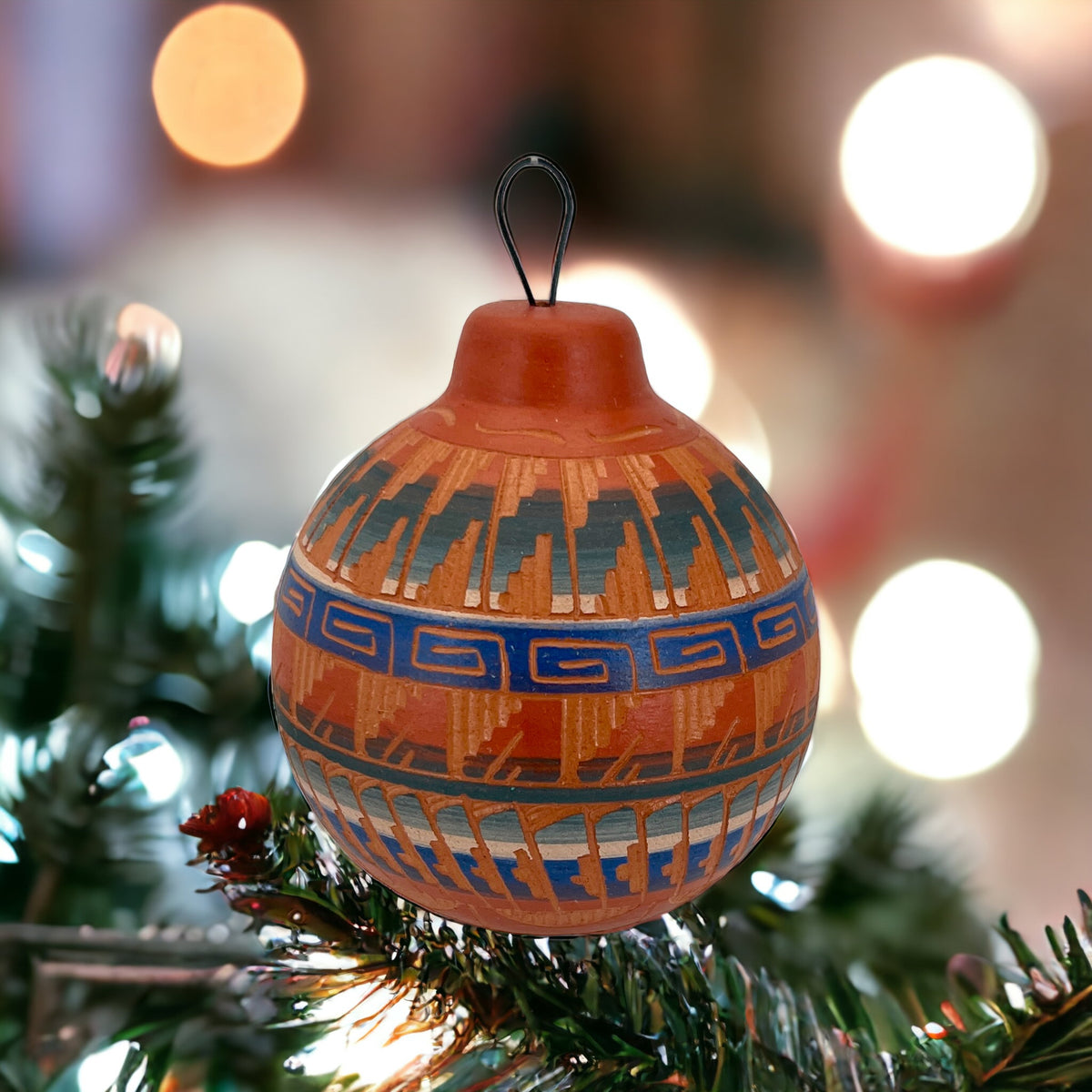 Authentic Native American Ceramic Christmas Ornament, Genuine Navajo Tribe USA Hand Painted, Southwestern Home Decor Collectible, Handmade Hanging Christmas Tree Decoration, Holiday Gift