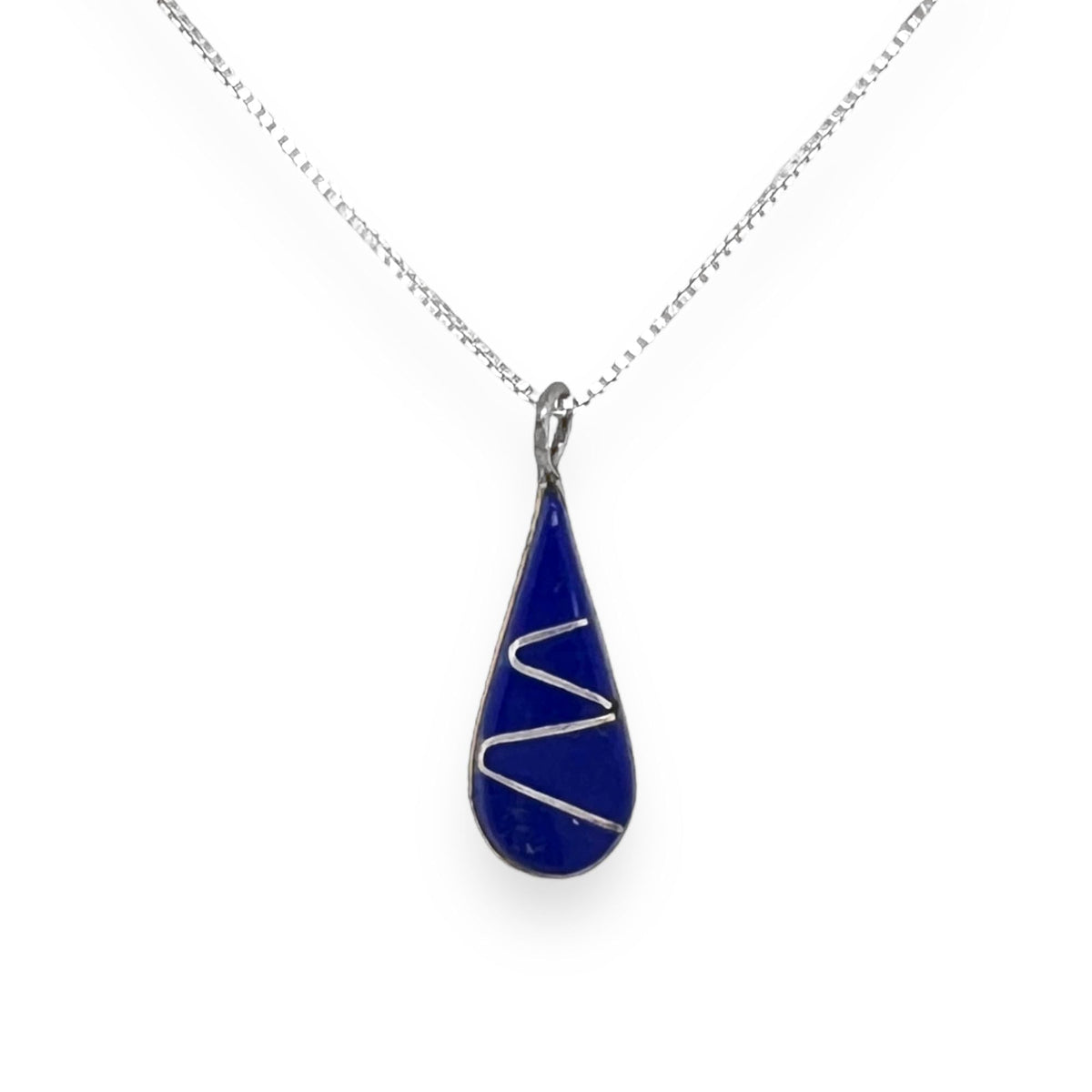 Genuine Lapis Lazuli Necklace, Sterling Silver, Pendant with Chain, Navajo Native American Handmade, Small Teardrop, Navy Blue Jewelry