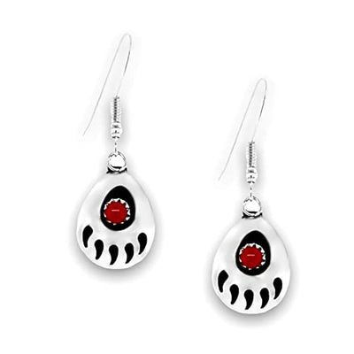Genuine Red Coral Bear Paw Earrings, Sterling Silver, Authentic Navajo Native American Handmade, Drop Jewelry for Women, Post, Long Hook Dangle Earring, Nickel Free