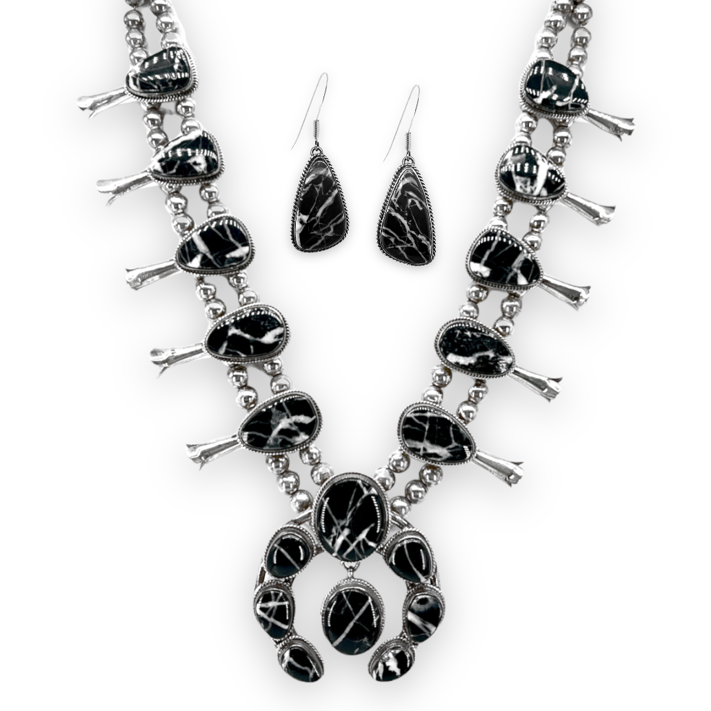Genuine White Lightning Stone Squash Blossom Necklace Set, Sterling Silver, Navajo Native American Tribe Handmade, Southwestern Statement Piece