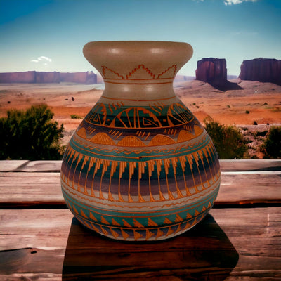 Authentic Native American Pottery, Traditional Vase Style Pot, Genuine Navajo Tribe USA Hand Painted, Artist Signed, Southwestern Home Decor
