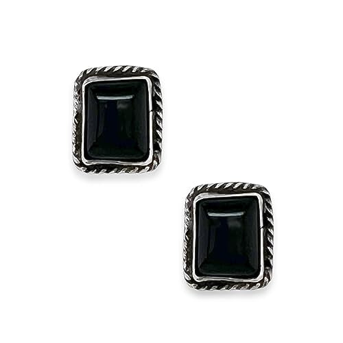Genuine Black Onyx Earrings, 925 Sterling Silver, Authentic Native American USA Handmade in New Mexico, Jewelry for Women, Rectangle with Post, Nickel Free