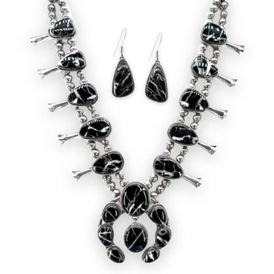 Genuine White Lightning Stone Squash Blossom Necklace Set, Sterling Silver, Navajo Native American Tribe Handmade, Southwestern Statement Piece