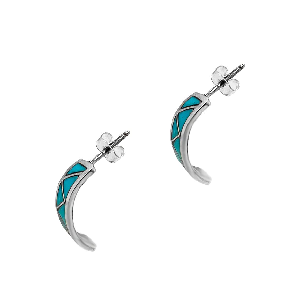 Genuine Sleeping Beauty Turquoise Half Hoop Earrings, Sterling Silver, Authentic Native American USA Handmade in New Mexico, Jewelry for Women, 925 Small Blue Hoops, Dangle Earring, Nickel Free