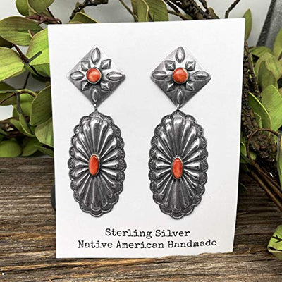 Genuine Red Spiny Oyster Statement Earrings, Oxidized Sterling Silver, Authentic Navajo Native American USA Handmade, Artist Signed, Nickle Free, Southwest Vintage Style