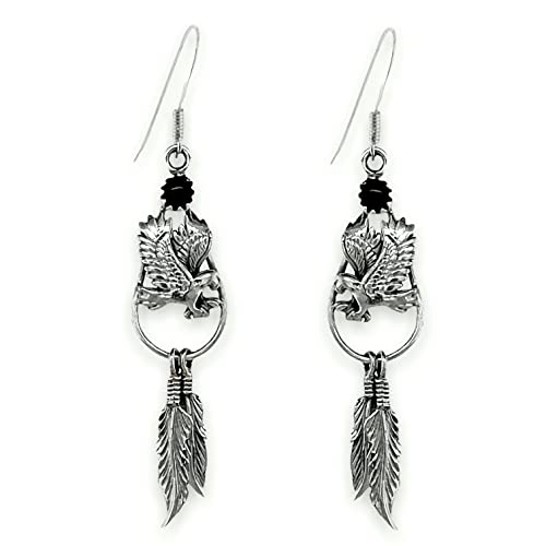 Genuine Black Onyx Eagle Earrings with Feathers, 925 Sterling Silver, Native American USA Handmade, Sterling Silver, Nickel Free, French Hook