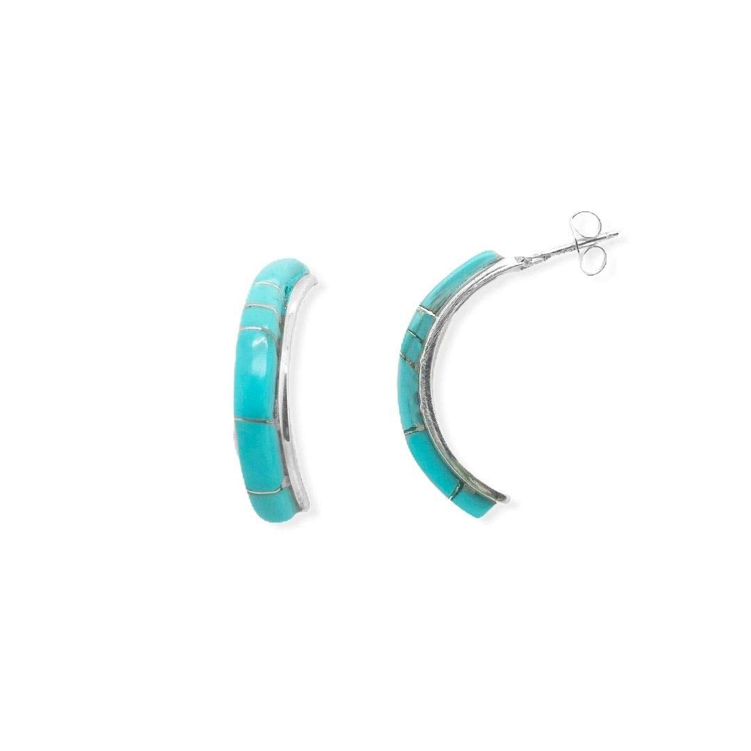 Genuine Sleeping Beauty Turquoise Half Hoop Earrings in 925 Sterling Silver, Native American Handmade in the USA, Nickle Free