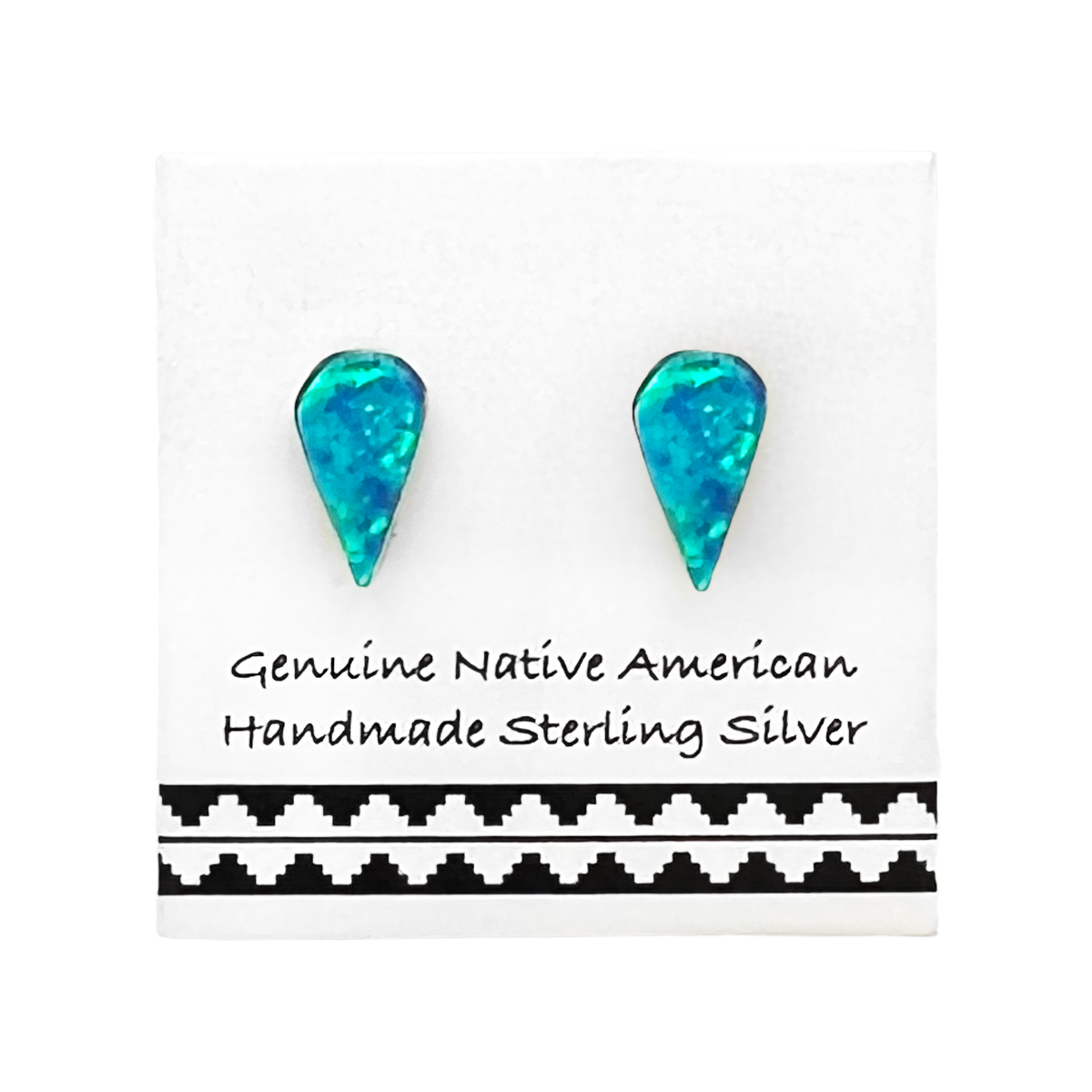 8mm Blue Desert Opal Stud Earrings, 925 Sterling Silver, Native American USA Handmade, Synthetic Opal, Teardrop