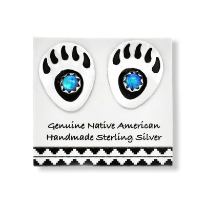 Desert Opal Bear Paw Stud Earrings in 925 Sterling Silver, Native American Handmade, Dark Blue Synthetic Opal, Nickel Free