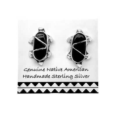 Genuine Black Onyx Turtle Stud Earrings, Sterling Silver, Authentic Native American USA Handmade, Nickel Free
