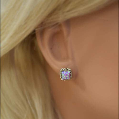 8mm Pink Desert Opal Square Stud Earrings, 925 Sterling Silver, Native American Handmade in the USA, Nickel Free, Pink