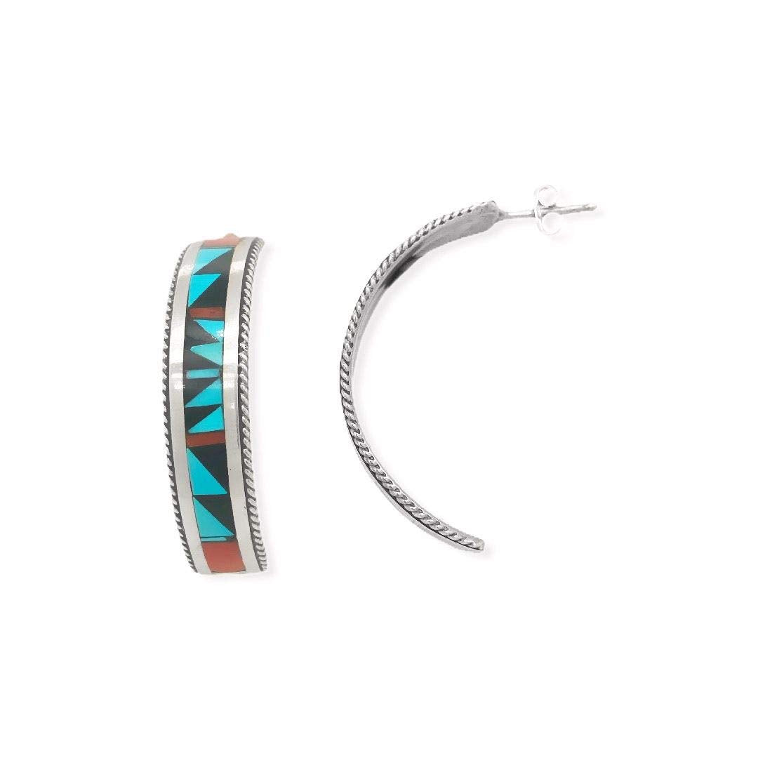 Genuine Stone Half Hoop Earrings, Zuni Native American USA Handmade, Sleeping Beauty Turquoise, Onyx, Coral, Sterling Silver, Multicolor