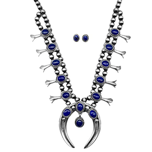 Genuine Lapis Lazuli Squash Blossom Necklace Set, Navajo Native American Handmade, 925 Sterling Silver, Artisan Signed, One of a Kind Piece