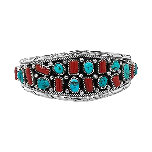 Genuine Kingman Turquoise and Coral Cuff Bracelet, Sterling Silver, Authentic Navajo Native American USA Handmade, Artist Signed, One of a Kind, Size Women's Medium