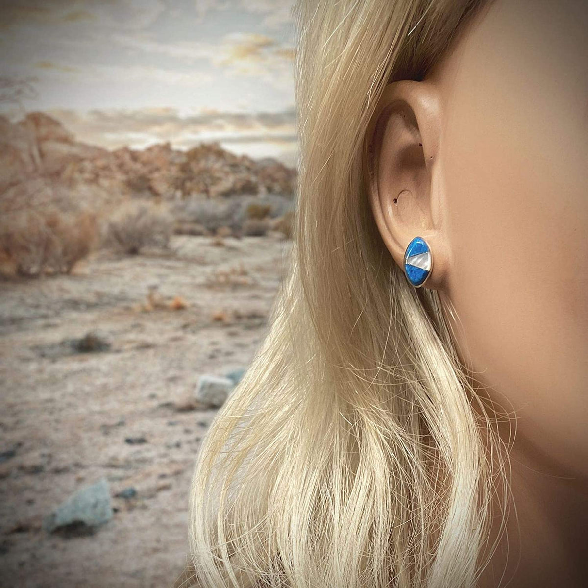 Genuine Denim Lapis Stud Earrings, 925 Sterling Silver, Authentic Native American Handmade in the USA, Nickel Free, Light Blue