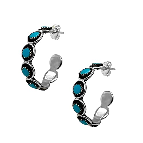 Genuine Sleeping Beauty Turquoise Half Hoop Earrings, Sterling Silver, Native American Handmade, Genuine Stone, Nickle Free