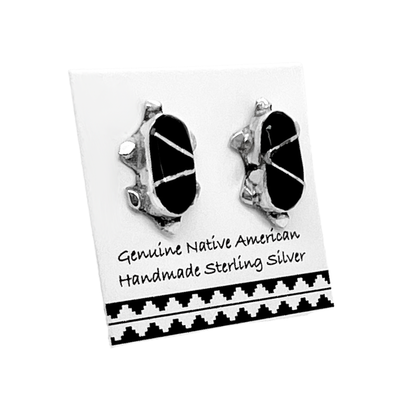 Genuine Black Onyx Turtle Stud Earrings, Sterling Silver, Authentic Native American USA Handmade, Nickel Free