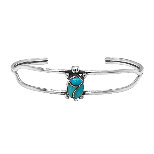 Genuine Sleeping Beauty Turquoise Turtle Cuff Bracelet, Sterling Silver, Authentic Native American USA Handmade, Size Women's Small