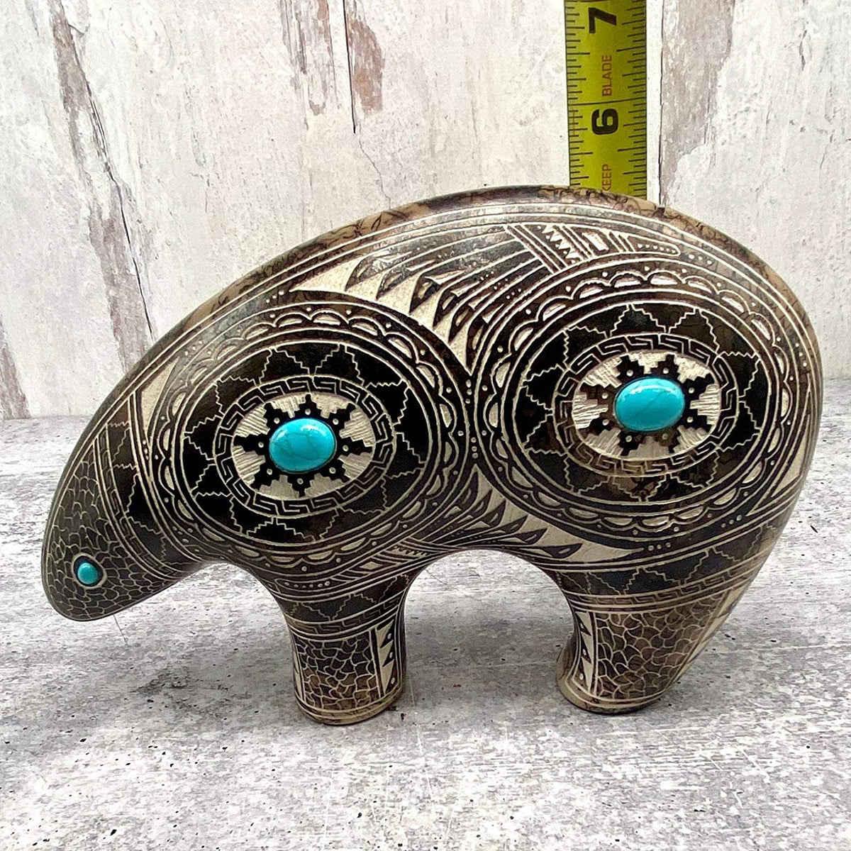 Authentic Native American Spirit Bear Figurine, Sleeping Beauty Turquoise, Genuine Navajo Tribe USA Handpainted and Etched, Artist Signed, Southwestern Home Decor Pottery, Horse Hair Style
