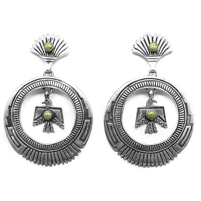 Genuine Green Turquoise Statement Earrings, Sterling Silver, Authentic Navajo Native American USA Handmade, Artist Signed, Nickle Free, Southwest Thunderbird
