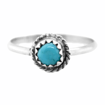 Genuine Sleeping Beauty Turquoise Ring, 925 Sterling Silver, Native American Handmade, Round with Braid, Nickel Free