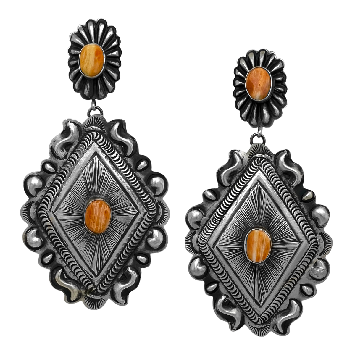 Genuine Orange Spiny Oyster Statement Earrings, Oxidized Sterling Silver, Authentic Navajo Native American USA Handmade, Artist Signed, Nickle Free, Southwest Vintage Style
