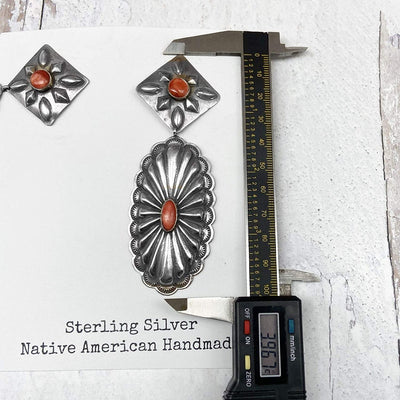 Genuine Red Spiny Oyster Statement Earrings, Oxidized Sterling Silver, Authentic Navajo Native American USA Handmade, Artist Signed, Nickle Free, Southwest Vintage Style