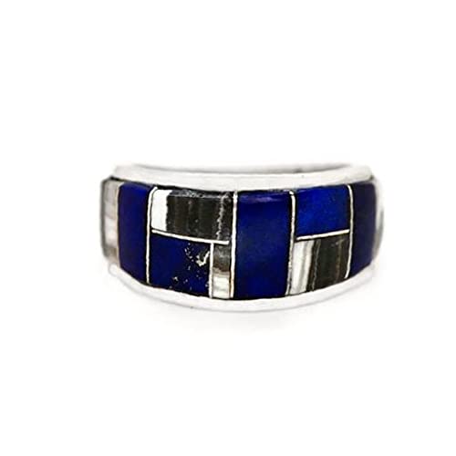 Genuine Lapis Lazuli Inlay Band Ring, Sterling Silver, Size 8, Authentic Navajo Native American USA Handmade, Artist Signed, Unisex for Men or Women
