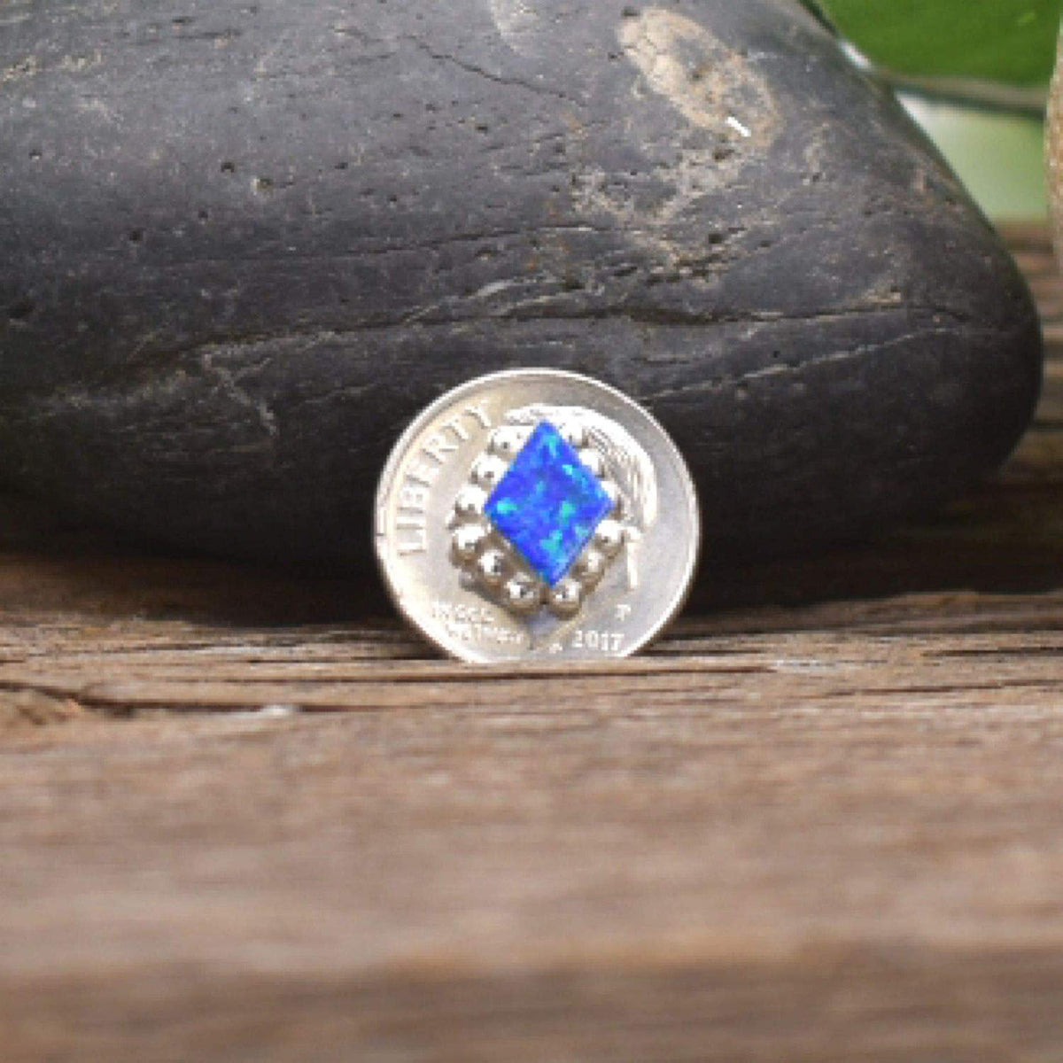 Desert Opal in 925 Sterling Silver, Diamond Concho Style, Authentic Native American USA Handmade, Dark Blue Synthetic Opal