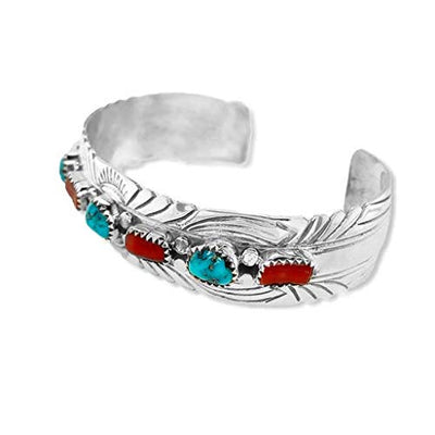 Genuine Kingman Turquoise and Coral Cuff Bracelet, Sterling Silver, Authentic Navajo Native American USA Handmade, Artist Signed, One of a Kind, Size Women's Medium