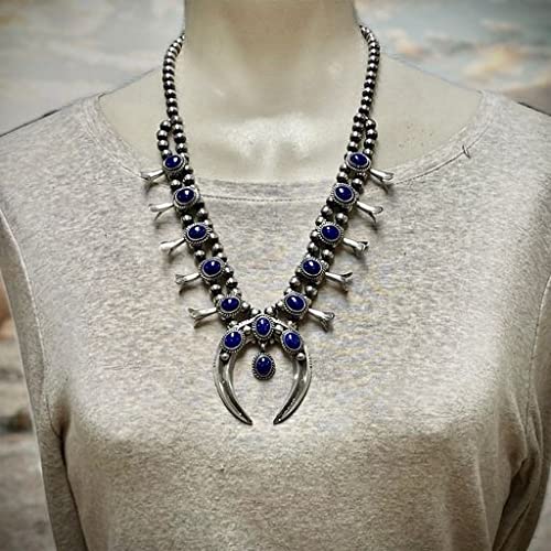 Genuine Lapis Lazuli Squash Blossom Necklace Set, Navajo Native American Handmade, 925 Sterling Silver, Artisan Signed, One of a Kind Piece