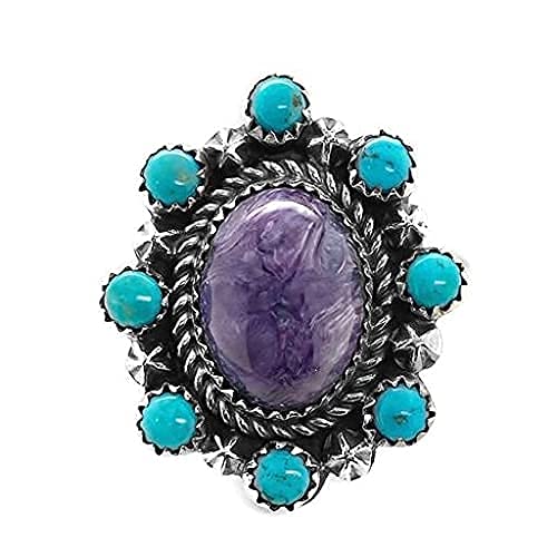 Genuine Purple Charoite and Turquoise Ring, Sterling Silver, Authentic Navajo Native American USA Handmade, Artist Signed, Nickel Free, Southwest Jewelry