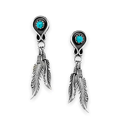 Genuine Sleeping Beauty Turquoise Feather Earrings, 925 Sterling Silver, Native American USA Handmade, Nickel Free, Post Style