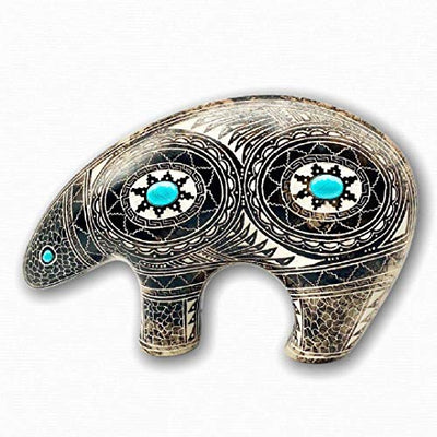 Authentic Native American Spirit Bear Figurine, Sleeping Beauty Turquoise, Genuine Navajo Tribe USA Handpainted and Etched, Artist Signed, Southwestern Home Decor Pottery, Horse Hair Style