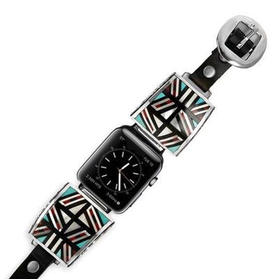 Native American Handmade Apple Watch Replacement Band, Multicolor, Genuine Stone, Sterling Silver and Leather, 38mm, 40mm, 42mm