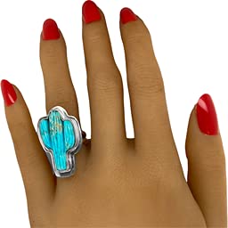 Genuine Turquoise Cactus Statement Ring, Sterling Silver, Size 6, Authentic Navajo Native American USA Handmade, Artist Signed, Nickel Free