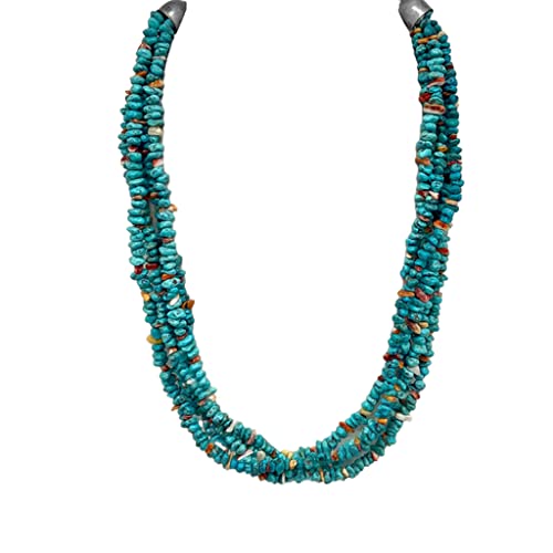 18-22 inch, 5 Strand, Genuine Turquoise and Shell Necklace, Authentic Navajo Native American USA Handmade in New Mexico, Sterling Silver