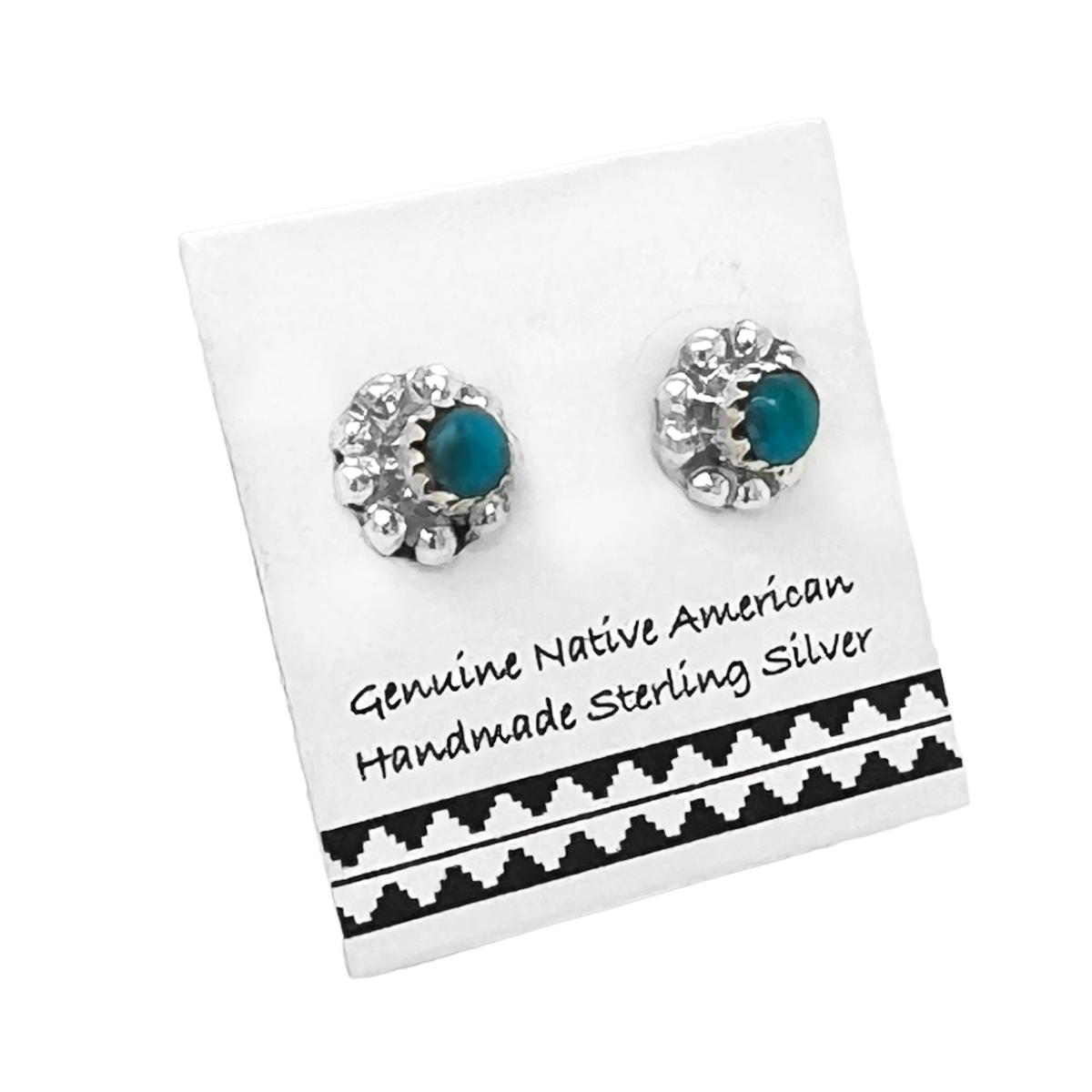 8mm Genuine Sleeping Beauty Turquoise Stud Earrings in 925 Sterling Silver, Native American USA Handmade, Flower Design, Nickel Free