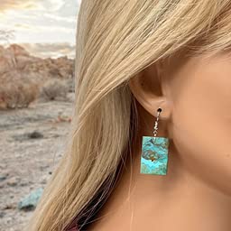 Genuine Royston Turquoise Slab Earrings, 925 Sterling Silver, Native American Handmade, Nickel Free, French Hook