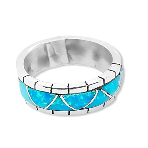Blue Desert Opal Inlay Band Ring, Sterling Silver, Authentic Zuni Native American USA Handmade, Artist Signed, Nickel Free, Unisex for Men or Women