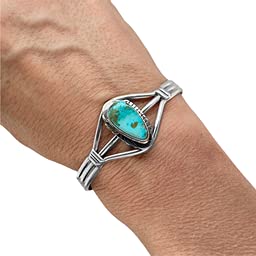 Genuine Turquoise Mountain Turquoise Cuff Bracelet, Sterling Silver, Authentic Navajo Native American USA Handmade, Artist Signed, One of a Kind, Size Women's Small