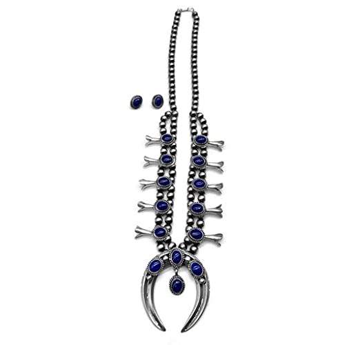 Genuine Lapis Lazuli Squash Blossom Necklace Set, Navajo Native American Handmade, 925 Sterling Silver, Artisan Signed, One of a Kind Piece